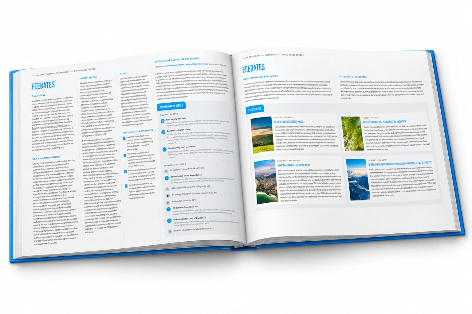 Open-book design concept based on the Feebates sample, showing the reference’s landscape page layout.